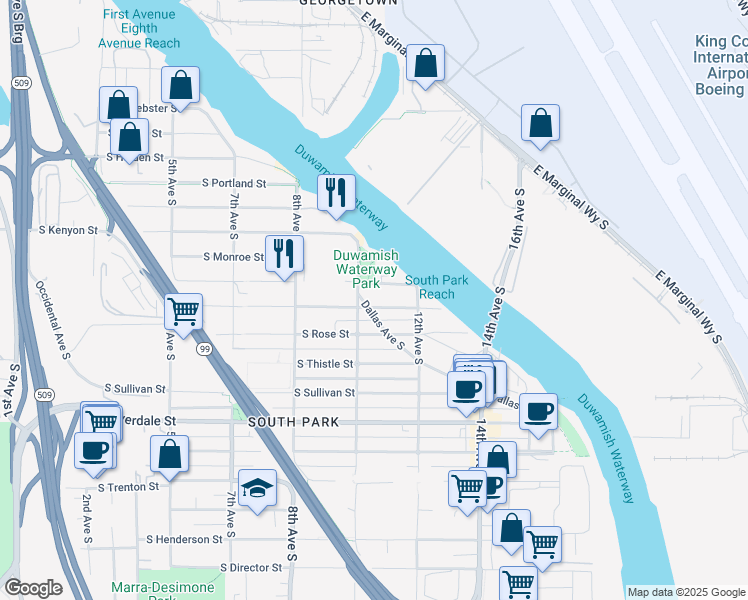 map of restaurants, bars, coffee shops, grocery stores, and more near 1025 South Elmgrove Street in Seattle