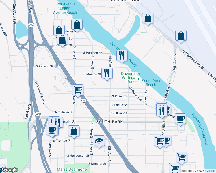 map of restaurants, bars, coffee shops, grocery stores, and more near 749 South Elmgrove Street in Seattle