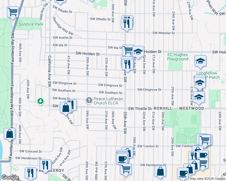 map of restaurants, bars, coffee shops, grocery stores, and more near 8104 37th Avenue Southwest in Seattle