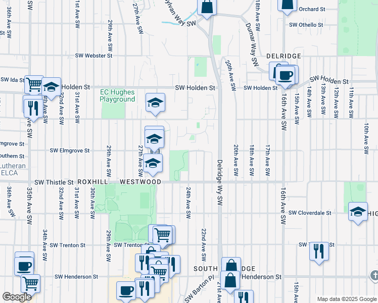 map of restaurants, bars, coffee shops, grocery stores, and more near 2299 Southwest Elmgrove Street in Seattle