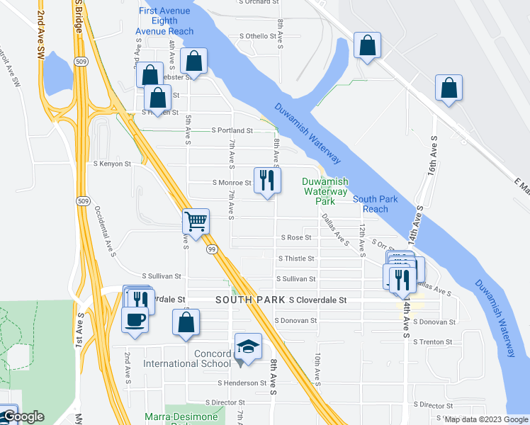 map of restaurants, bars, coffee shops, grocery stores, and more near 750 South Southern Street in Seattle