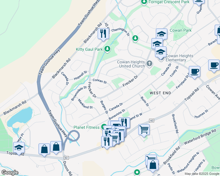 map of restaurants, bars, coffee shops, grocery stores, and more near 1 Creedon Place in St. John's