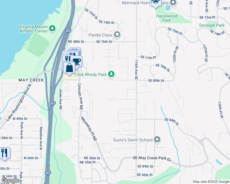 map of restaurants, bars, coffee shops, grocery stores, and more near 8228 113th Place Southeast in Newcastle
