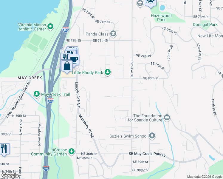 map of restaurants, bars, coffee shops, grocery stores, and more near 8228 113th Place Southeast in Newcastle
