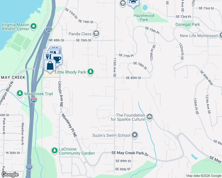 map of restaurants, bars, coffee shops, grocery stores, and more near 11575 Southeast 81st Street in Newcastle