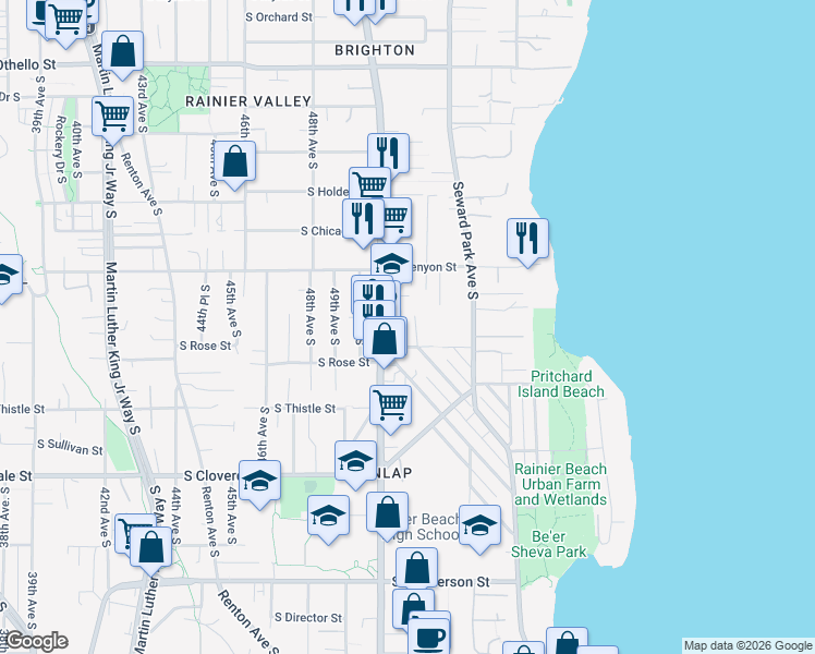 map of restaurants, bars, coffee shops, grocery stores, and more near 8121 Wolcott Avenue South in Seattle