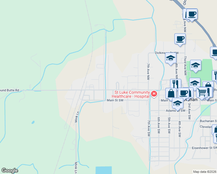 map of restaurants, bars, coffee shops, grocery stores, and more near 2-198 11th Avenue Northwest in Ronan