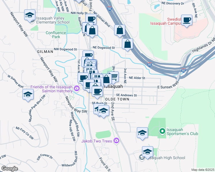 map of restaurants, bars, coffee shops, grocery stores, and more near 198 East Sunset Way in Issaquah