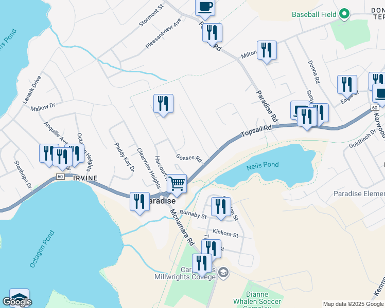 map of restaurants, bars, coffee shops, grocery stores, and more near 10 Gosses Road in Paradise