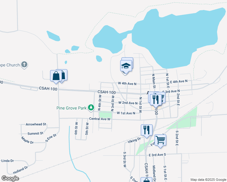 map of restaurants, bars, coffee shops, grocery stores, and more near 410 North 3rd Street West in Aurora