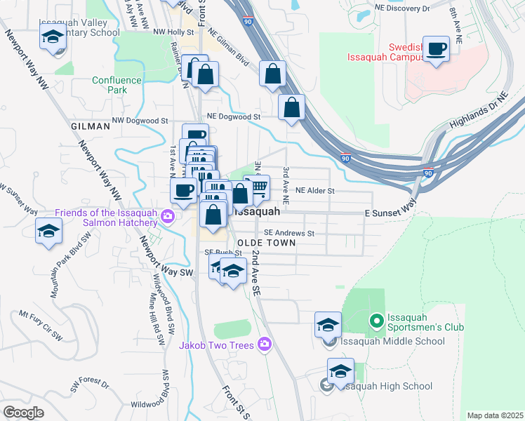 map of restaurants, bars, coffee shops, grocery stores, and more near 201 East Sunset Way in Issaquah