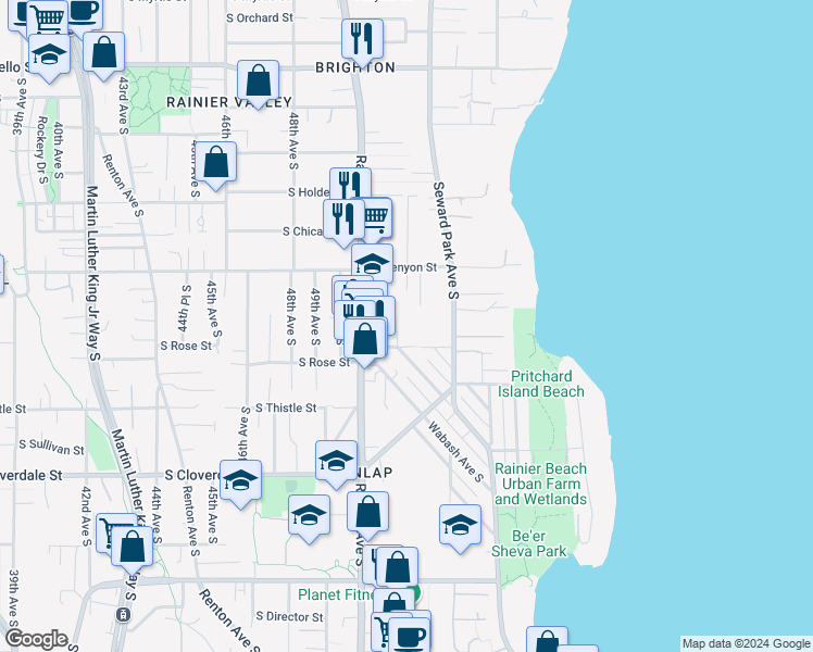 map of restaurants, bars, coffee shops, grocery stores, and more near 8100 Wolcott Avenue South in Seattle