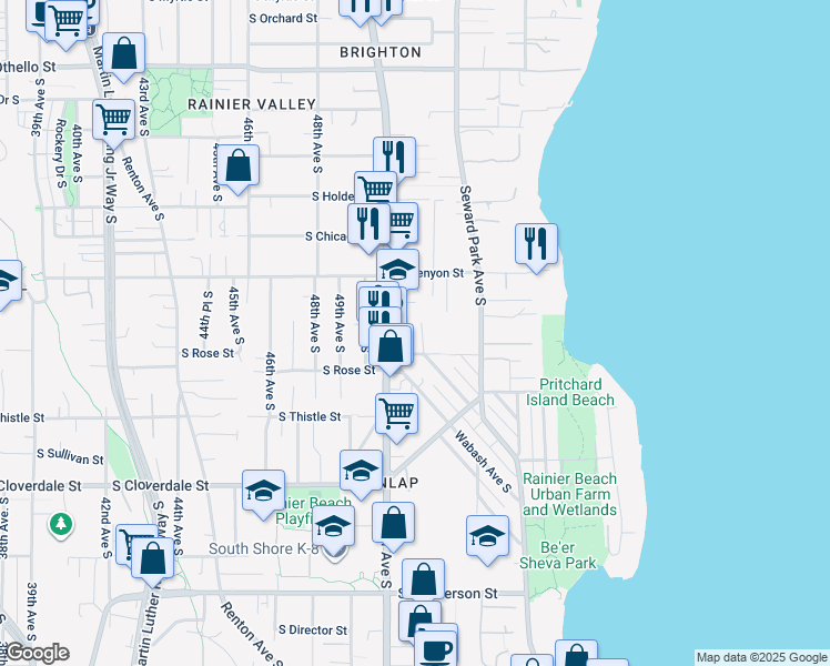 map of restaurants, bars, coffee shops, grocery stores, and more near 8190 Rainier Avenue South in Seattle