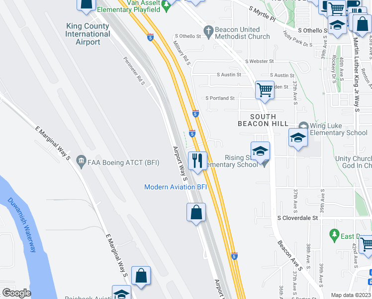 map of restaurants, bars, coffee shops, grocery stores, and more near 8300 Military Road South in Seattle