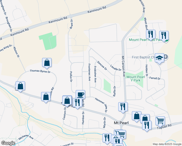 map of restaurants, bars, coffee shops, grocery stores, and more near 38 Frontenac Avenue in Mount Pearl