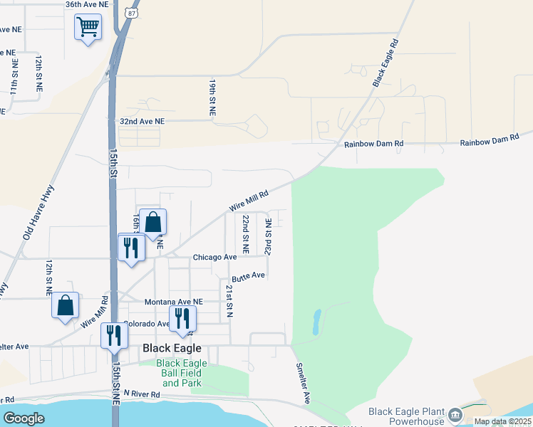 map of restaurants, bars, coffee shops, grocery stores, and more near 2206-2298 Chicago Avenue in Black Eagle