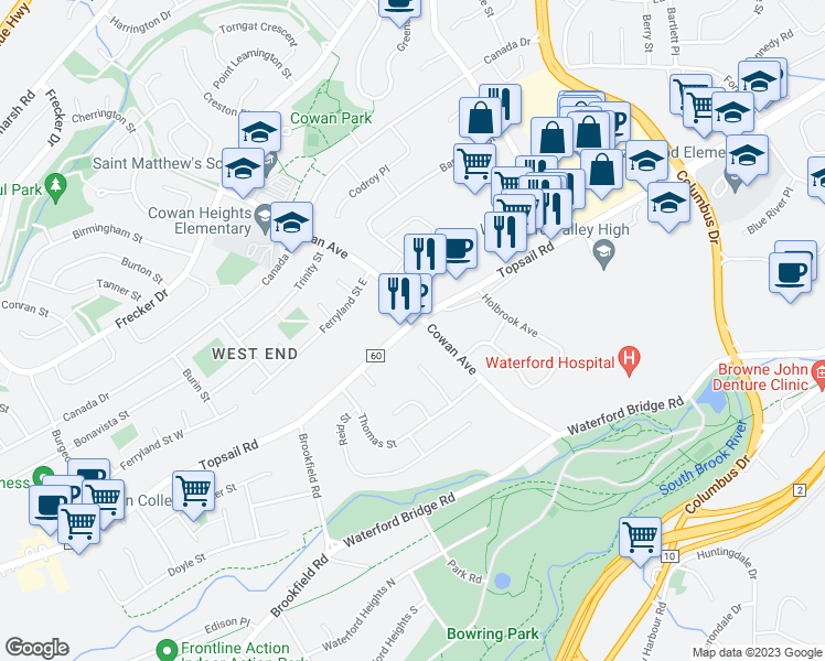 map of restaurants, bars, coffee shops, grocery stores, and more near 529 Topsail Road in Saint John's