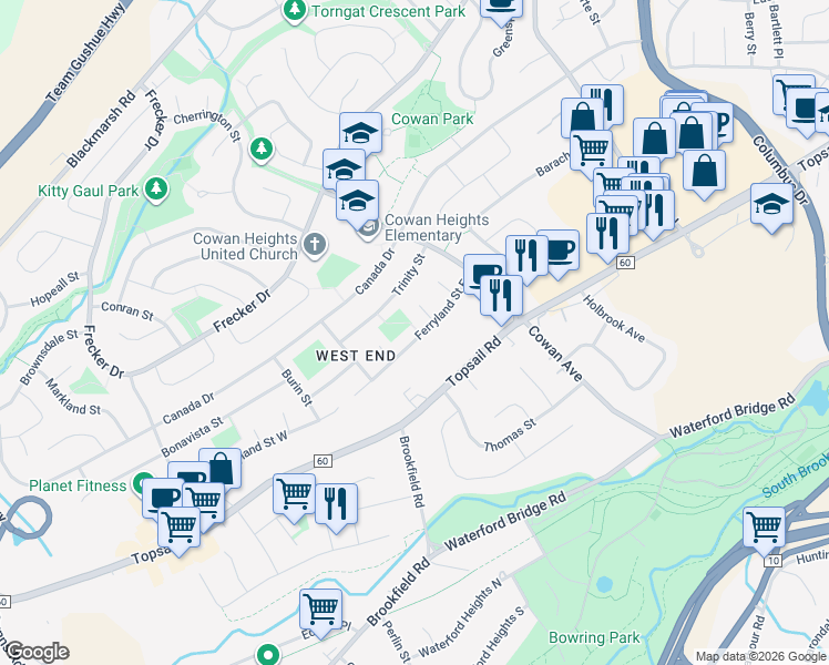 map of restaurants, bars, coffee shops, grocery stores, and more near 24 Ferryland Street East in St. John's