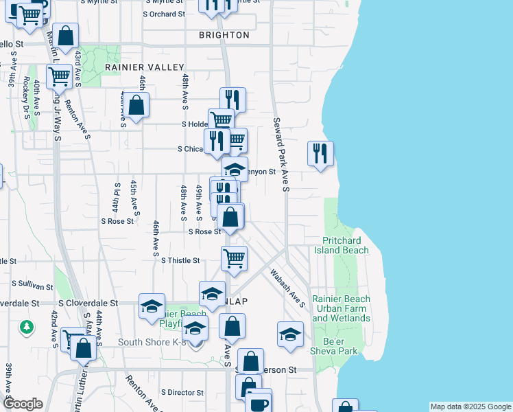 map of restaurants, bars, coffee shops, grocery stores, and more near 8100 Wolcott Avenue South in Seattle