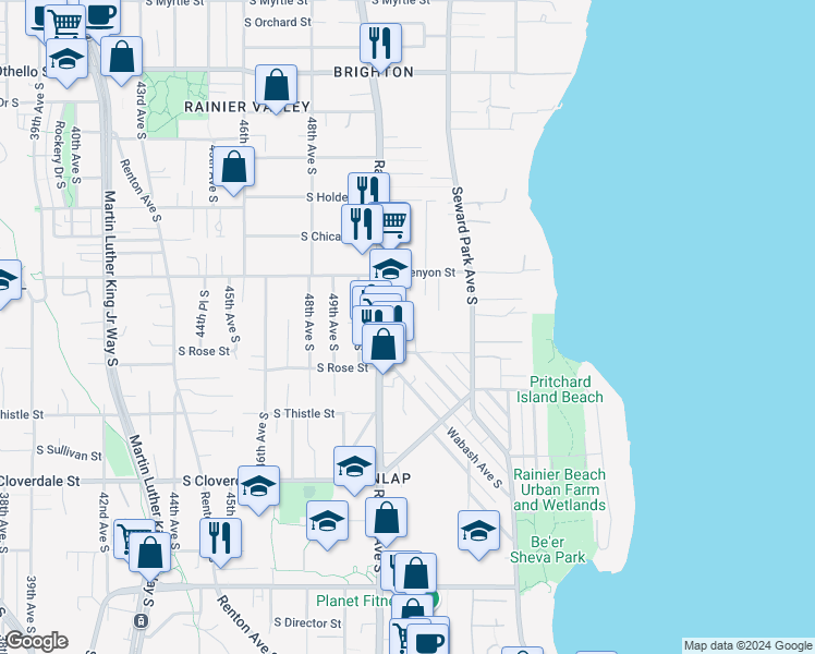 map of restaurants, bars, coffee shops, grocery stores, and more near 8190 Rainier Avenue South in Seattle