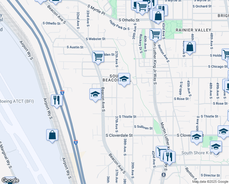 map of restaurants, bars, coffee shops, grocery stores, and more near 8000 37th Avenue South in Seattle