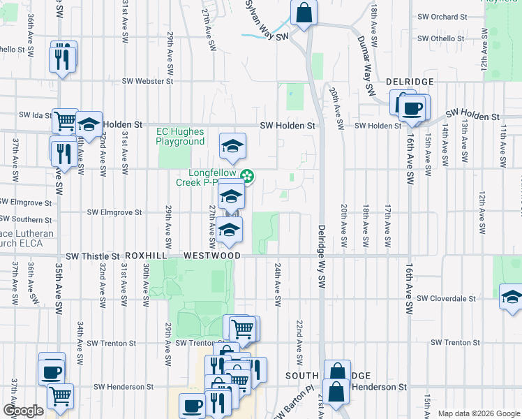 map of restaurants, bars, coffee shops, grocery stores, and more near 2299 SW Elmgrove St in Seattle