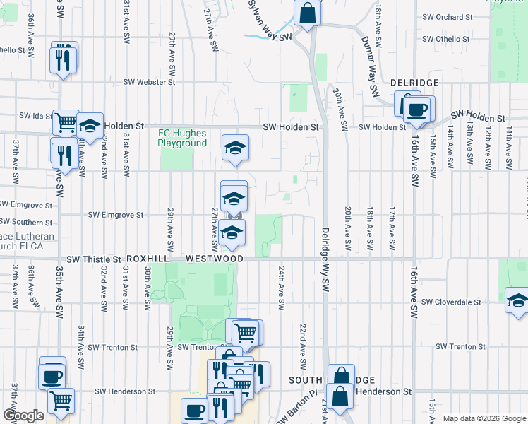 map of restaurants, bars, coffee shops, grocery stores, and more near 2299 SW Elmgrove St in Seattle