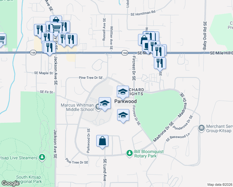 map of restaurants, bars, coffee shops, grocery stores, and more near 1931 Kelowna Place Southest in Port Orchard