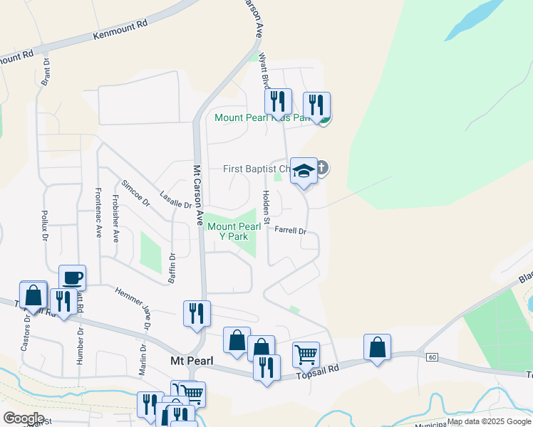 map of restaurants, bars, coffee shops, grocery stores, and more near Holden Street in Mount Pearl