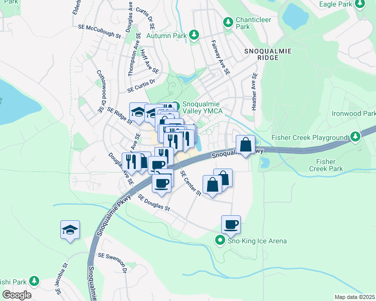 map of restaurants, bars, coffee shops, grocery stores, and more near 7730 Center Boulevard Southeast in Snoqualmie