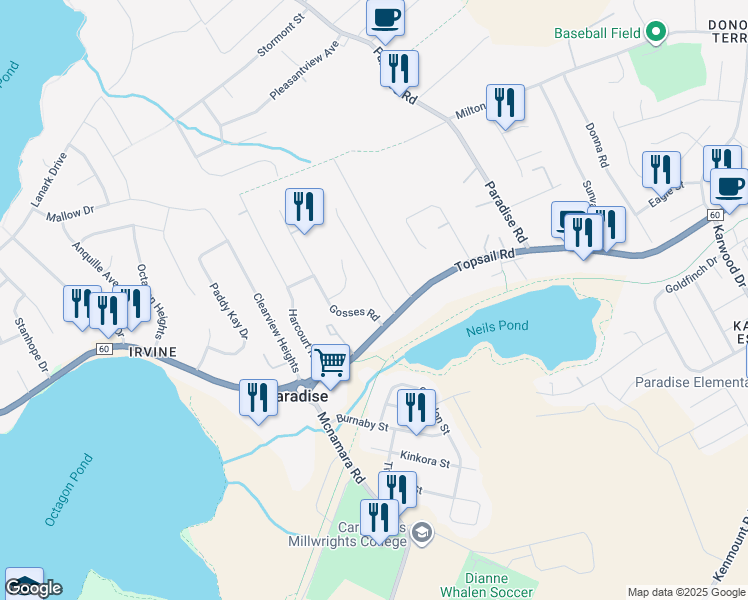 map of restaurants, bars, coffee shops, grocery stores, and more near 1 Drovers Road in Paradise