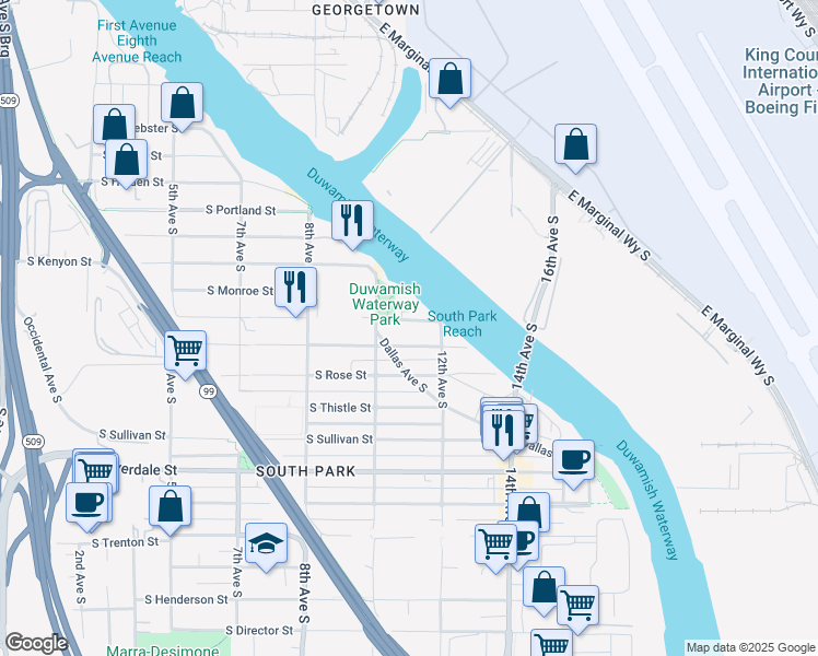 map of restaurants, bars, coffee shops, grocery stores, and more near 1025 South Elmgrove Street in Seattle