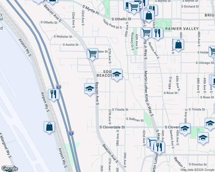map of restaurants, bars, coffee shops, grocery stores, and more near 8000 37th Avenue South in Seattle
