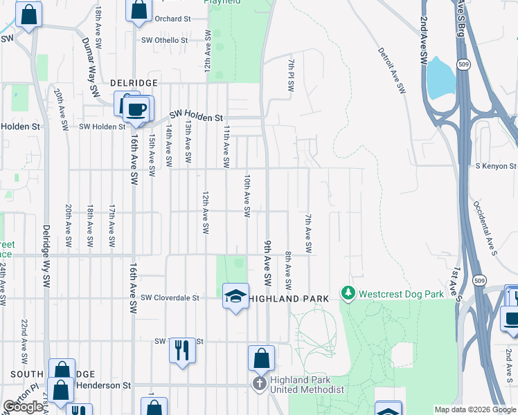 map of restaurants, bars, coffee shops, grocery stores, and more near 900 Southwest Elmgrove Street in Seattle