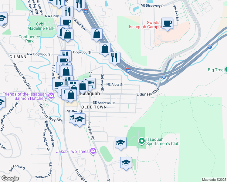 map of restaurants, bars, coffee shops, grocery stores, and more near 441 Northeast Alder Street in Issaquah
