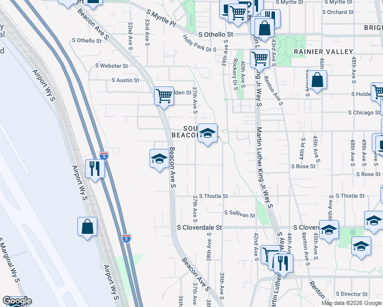 map of restaurants, bars, coffee shops, grocery stores, and more near 8000 37th Avenue South in Seattle