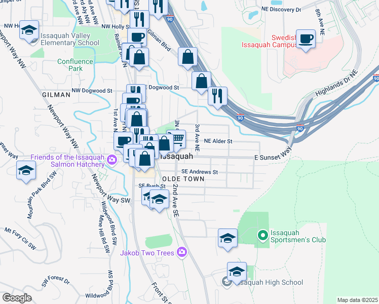 map of restaurants, bars, coffee shops, grocery stores, and more near in Issaquah