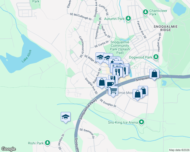 map of restaurants, bars, coffee shops, grocery stores, and more near 7827 Baker Avenue Southeast in Snoqualmie