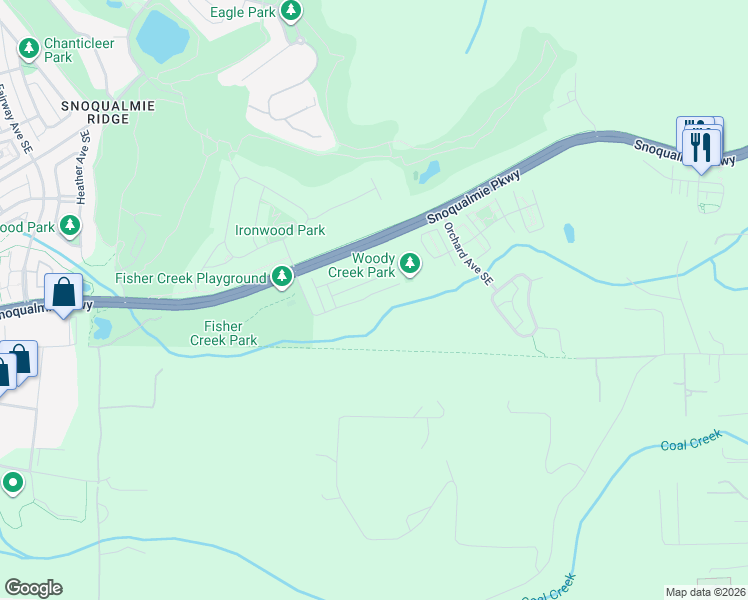 map of restaurants, bars, coffee shops, grocery stores, and more near 36426 Southeast Woody Creek Lane in Snoqualmie