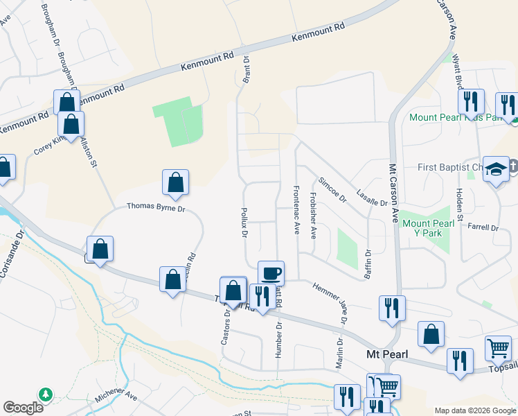 map of restaurants, bars, coffee shops, grocery stores, and more near 75 Pollux Drive in Mount Pearl