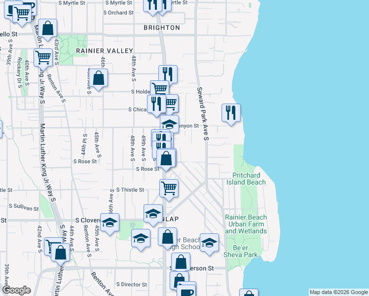 map of restaurants, bars, coffee shops, grocery stores, and more near 8104 Wolcott Avenue South in Seattle
