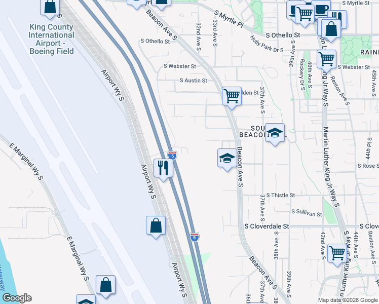 map of restaurants, bars, coffee shops, grocery stores, and more near 7956 Military Road South in Seattle