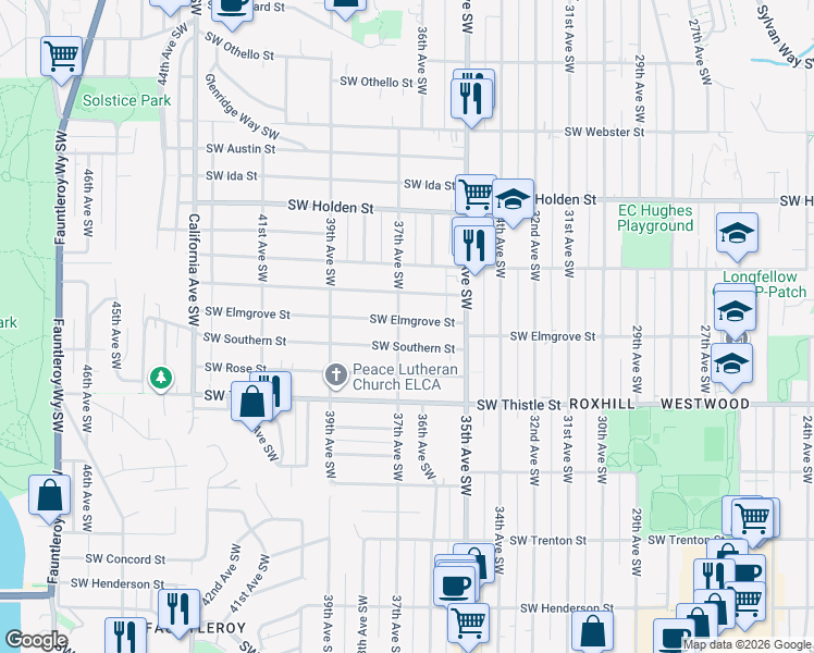 map of restaurants, bars, coffee shops, grocery stores, and more near 8104 37th Avenue Southwest in Seattle