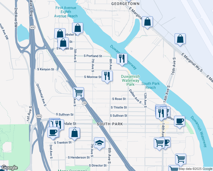 map of restaurants, bars, coffee shops, grocery stores, and more near 749 South Elmgrove Street in Seattle