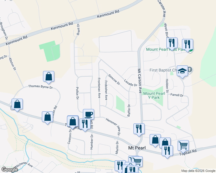 map of restaurants, bars, coffee shops, grocery stores, and more near 28 Frobisher Avenue in Mount Pearl