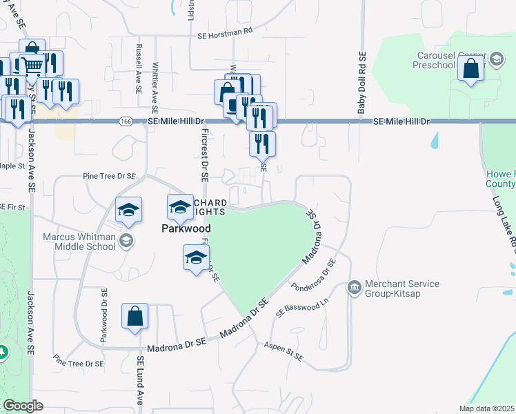 map of restaurants, bars, coffee shops, grocery stores, and more near 4030 Madrona Drive Southeast in Port Orchard