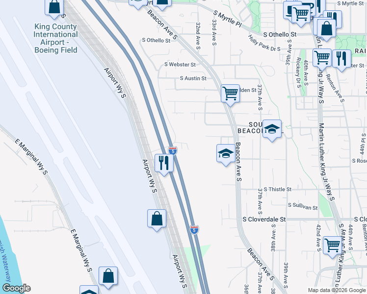 map of restaurants, bars, coffee shops, grocery stores, and more near 7956 Military Road South in Seattle
