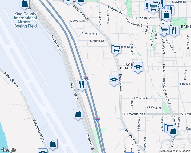 map of restaurants, bars, coffee shops, grocery stores, and more near 7956 Military Road South in Seattle