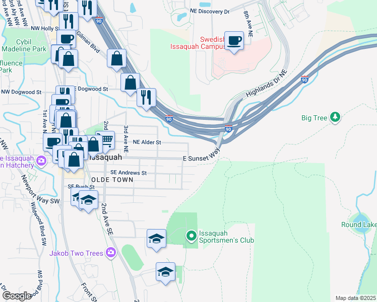 map of restaurants, bars, coffee shops, grocery stores, and more near 75 6th Avenue Northeast in Issaquah