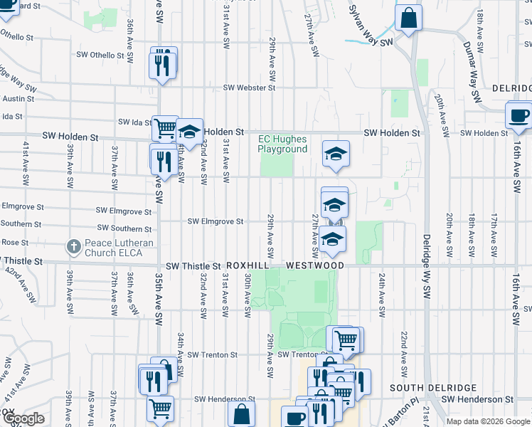map of restaurants, bars, coffee shops, grocery stores, and more near 7949 29th Avenue Southwest in Seattle